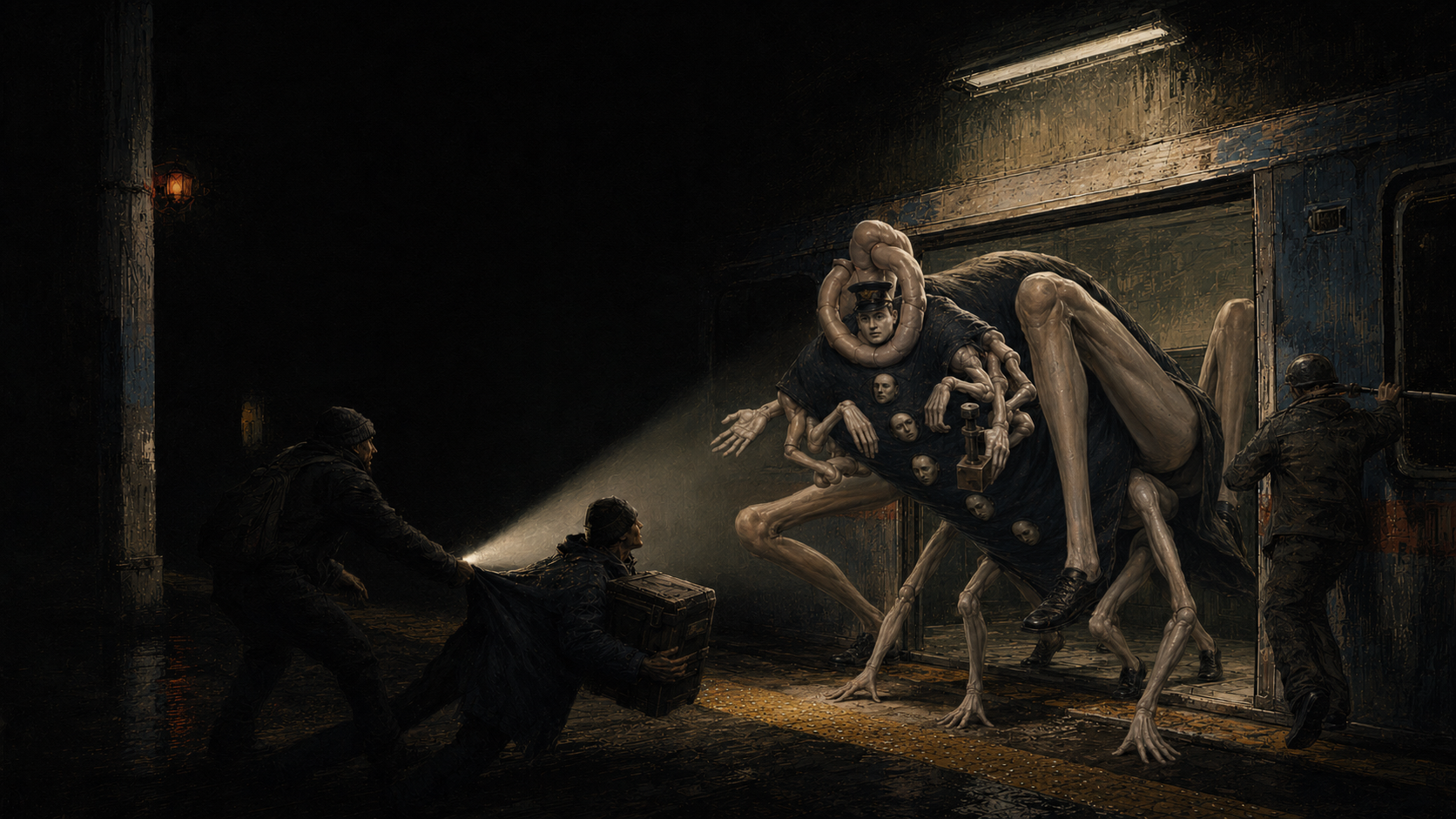 Three scavengers fight to reach their battered subway while the grasshopper-jointed Conductor occupies the platform in hard light.