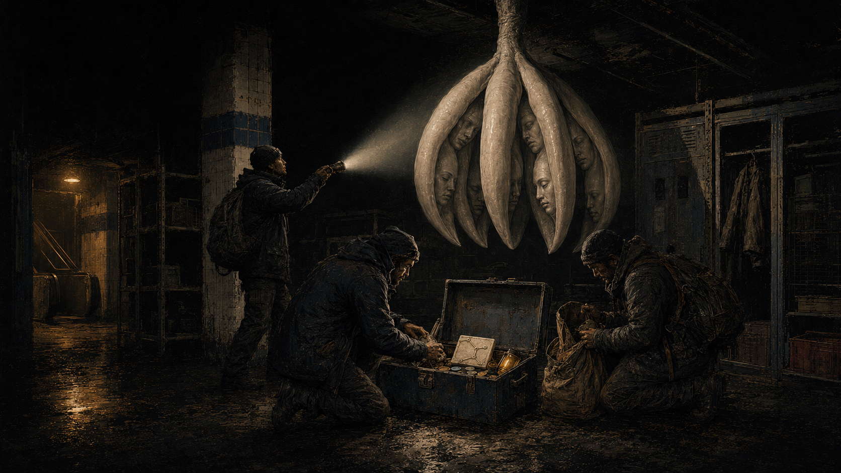 Three scavengers work an open municipal lockbox while a ceiling-hung flesh organism closes around the claim above them.