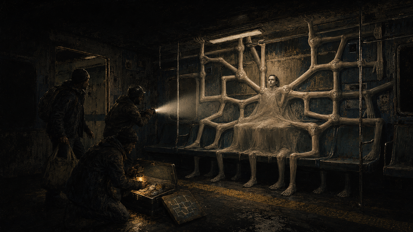 A seated human face anchors branching limbs that form a living route map throughout a subway carriage as the returning crew discovers it.