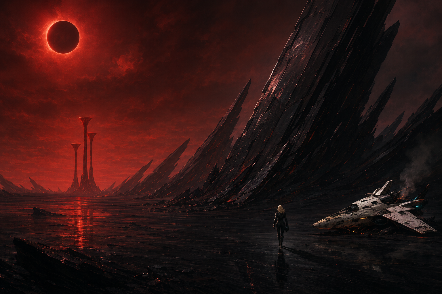 The blonde pilot leaves her crashed bone-white fighter and crosses a mirror-black desert toward crimson trumpet towers.