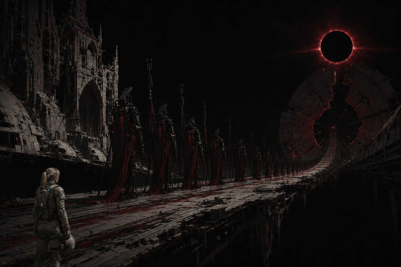 The blonde pilot watches a Sovereign procession cross a shattered orbital causeway toward a broken ritual gate.