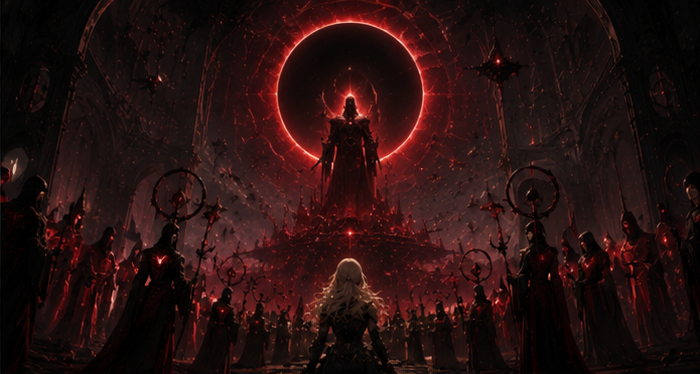 The blonde pilot stands before the Sovereign and its crimson-black court beneath a false red halo.