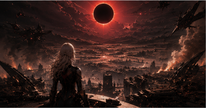 The blonde returning pilot surveys a ruined world beneath a black sun while warships move across the horizon.