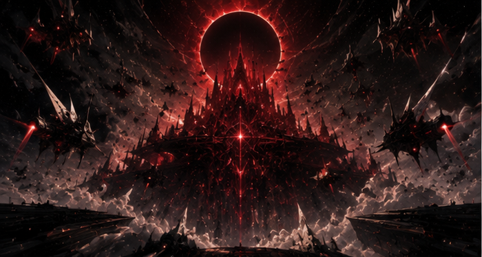 A crimson-black Sovereign fortress hangs beneath an eclipsed sun while the Resistance approaches through wreckage.