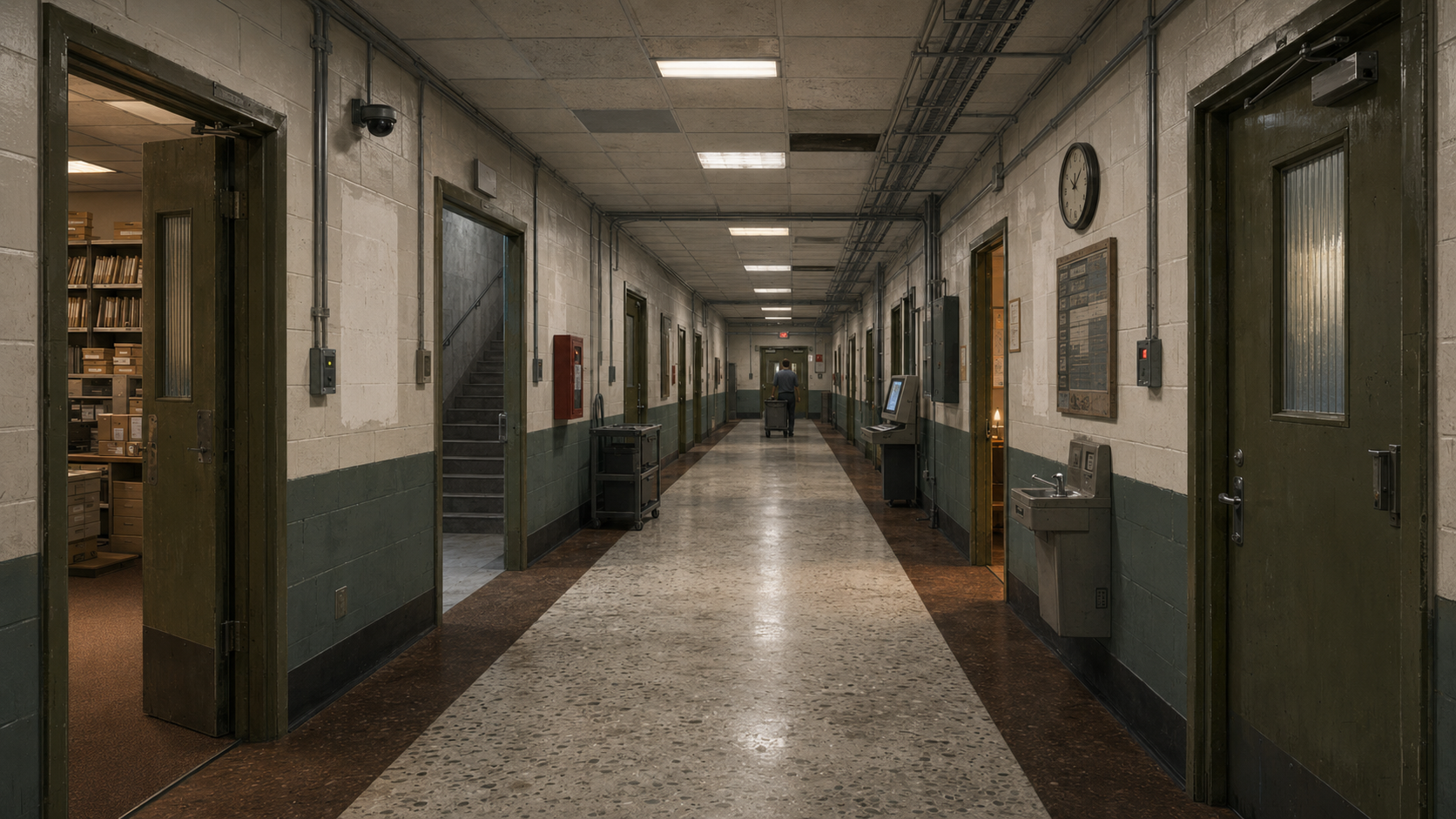 An empty green institutional corridor joins doors, clocks, noticeboards, and lighting fixtures from several different decades.