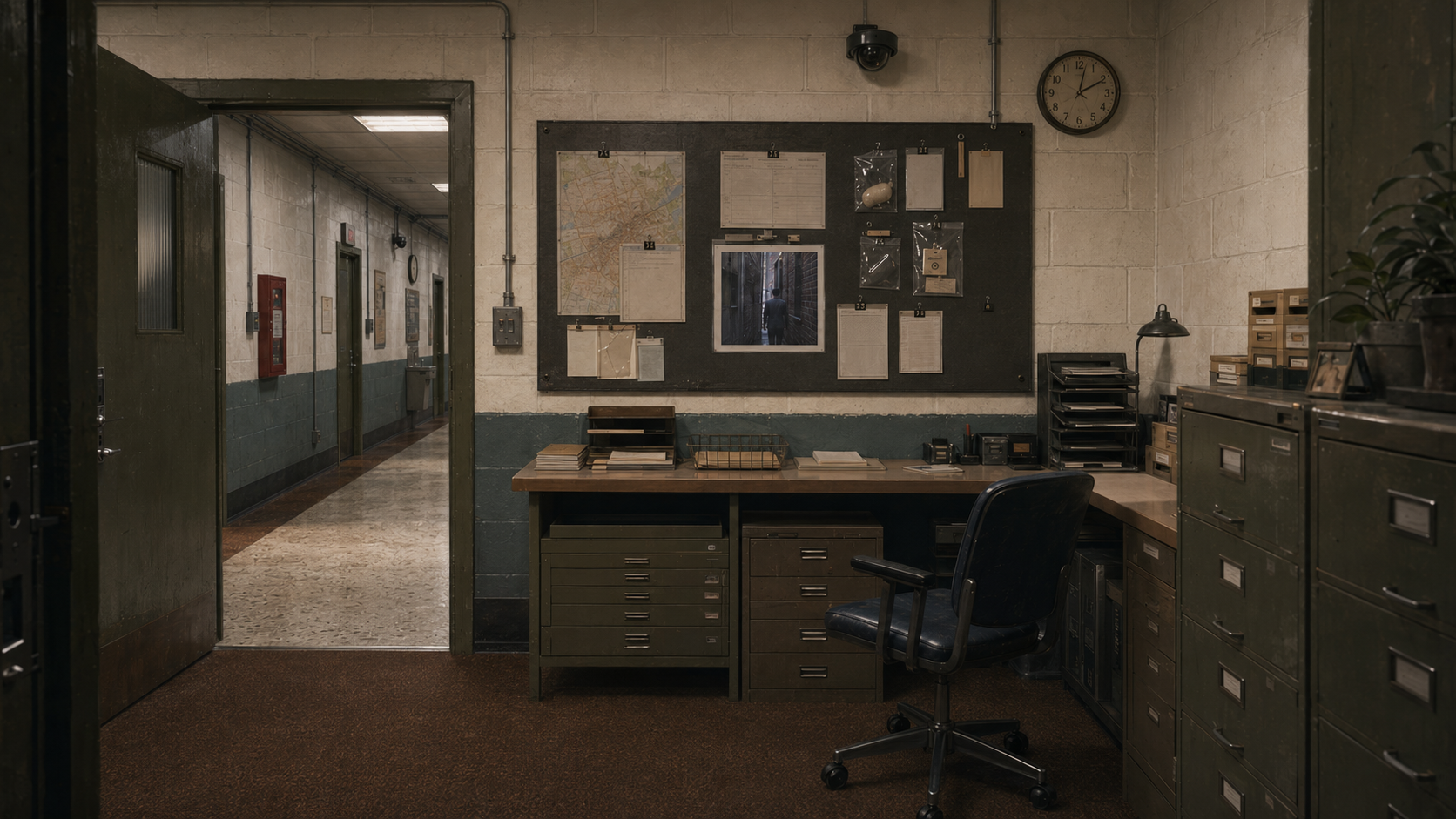 An evidence photograph and duplicate case papers have appeared on a county office wall among ordinary maps and filing notices.