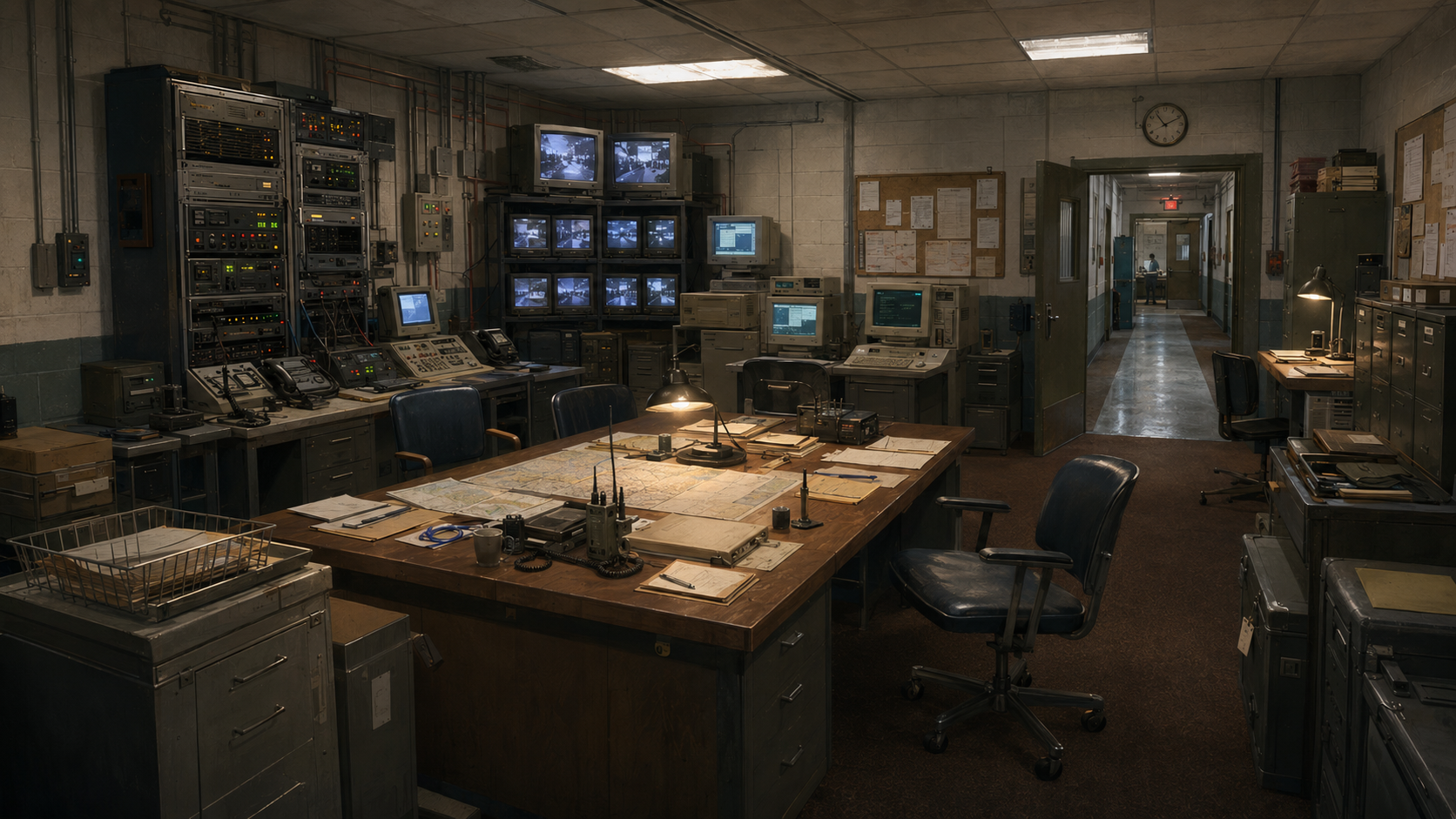 A maintained but underfunded operations room holds maps, filing cabinets, radios, clocks, and a central worktable under old fluorescent fixtures.