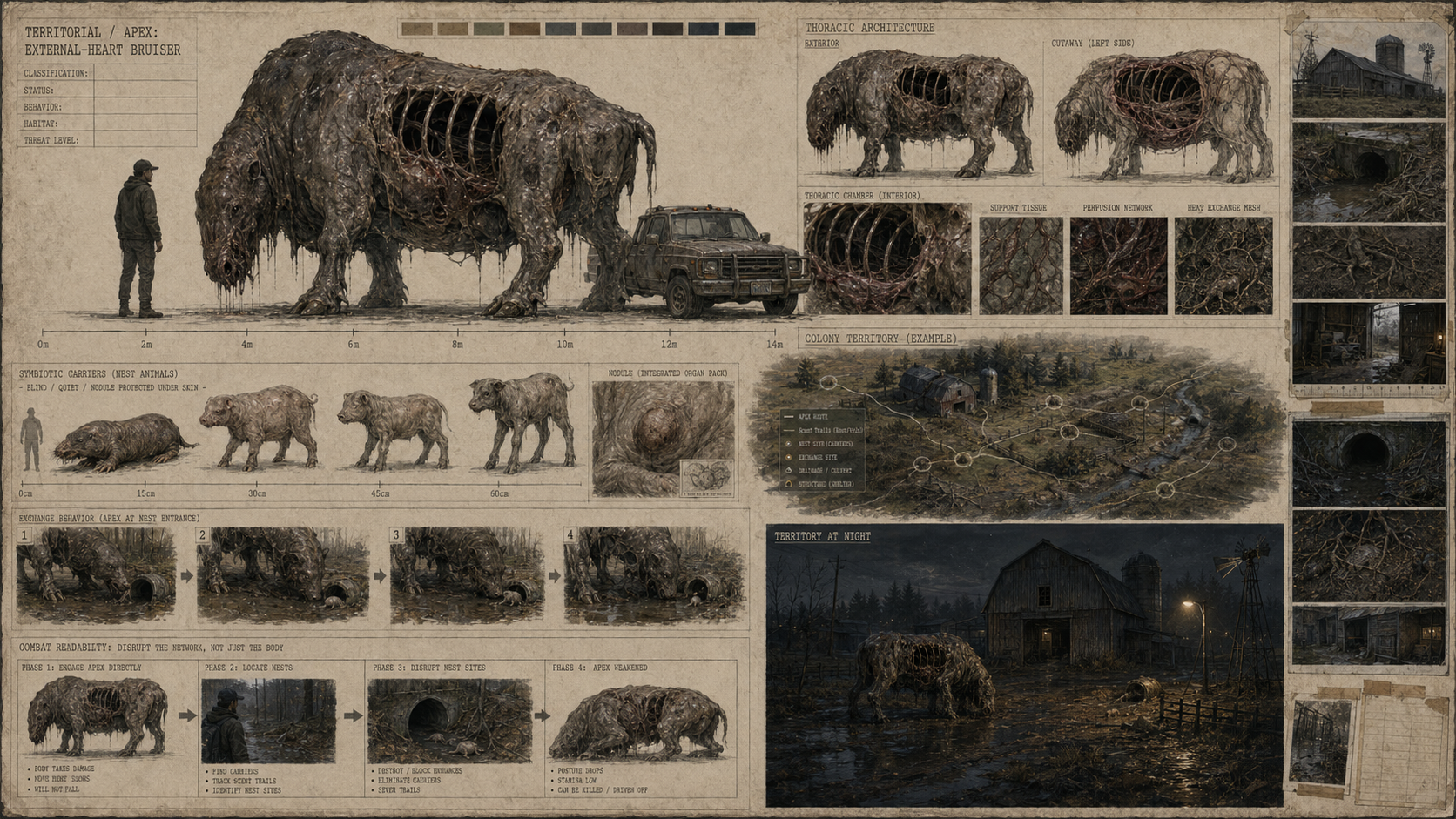 A massive territorial cryptid stands above several smaller carrier organisms linked to an exposed pulsing organ structure.