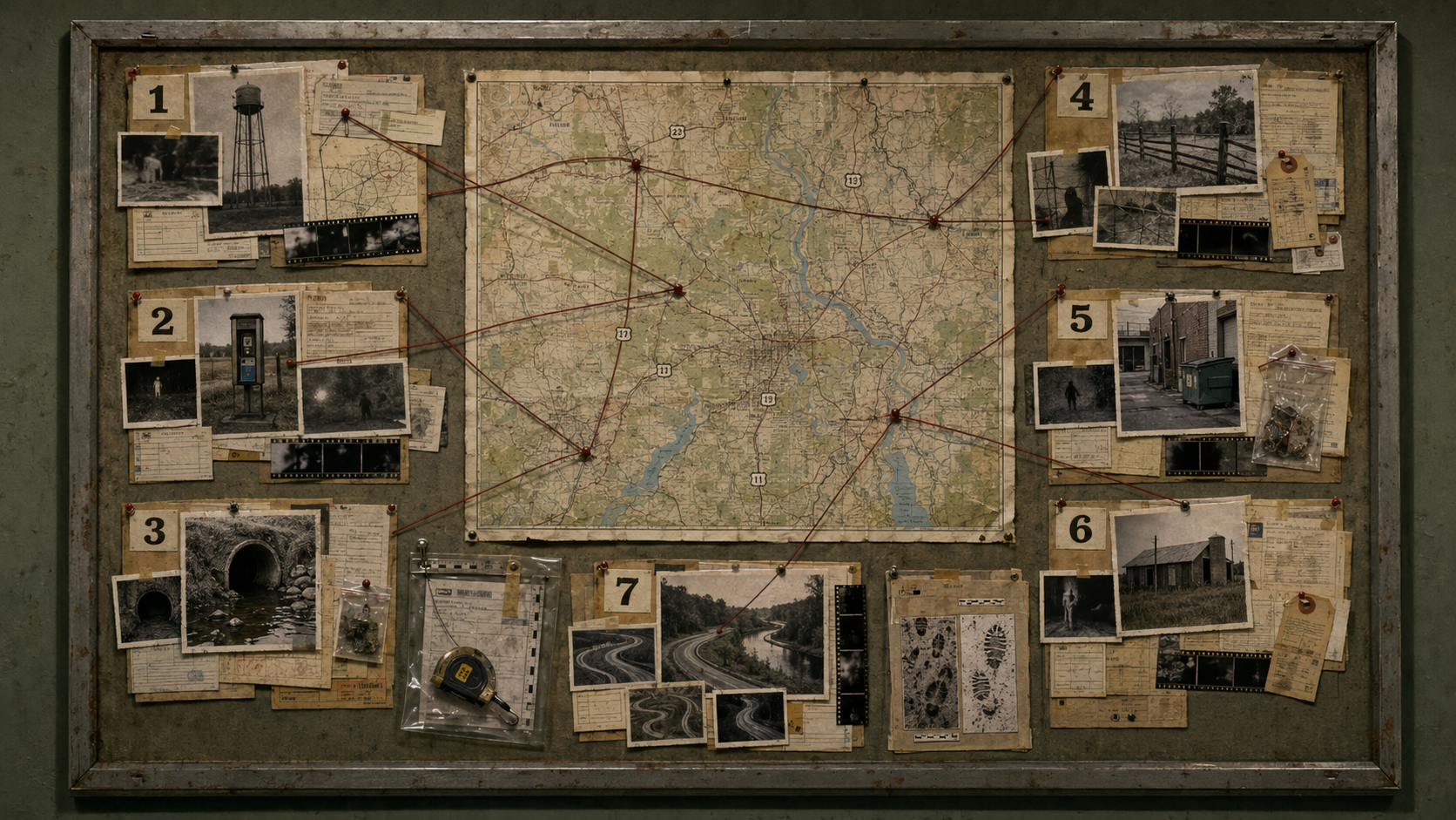 A weathered Hollowbrook county survey map is surrounded by seven numbered incident files, field photographs, custody slips, pushpins, and restrained red string on a government office evidence board.