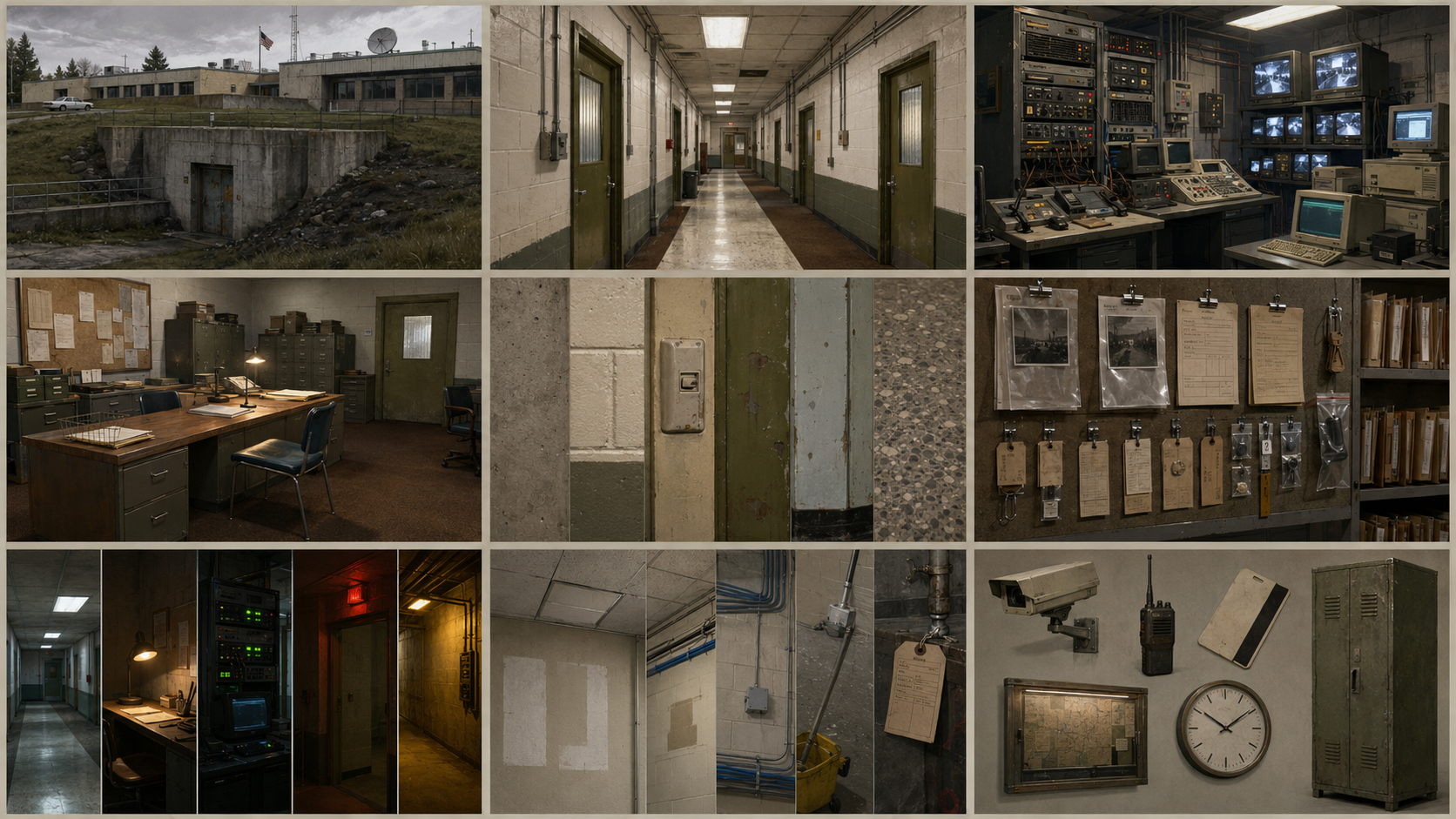 A county continuity office, fluorescent corridors, filing furniture, rural roads, forms, and field photographs arranged as one visual-development sheet.