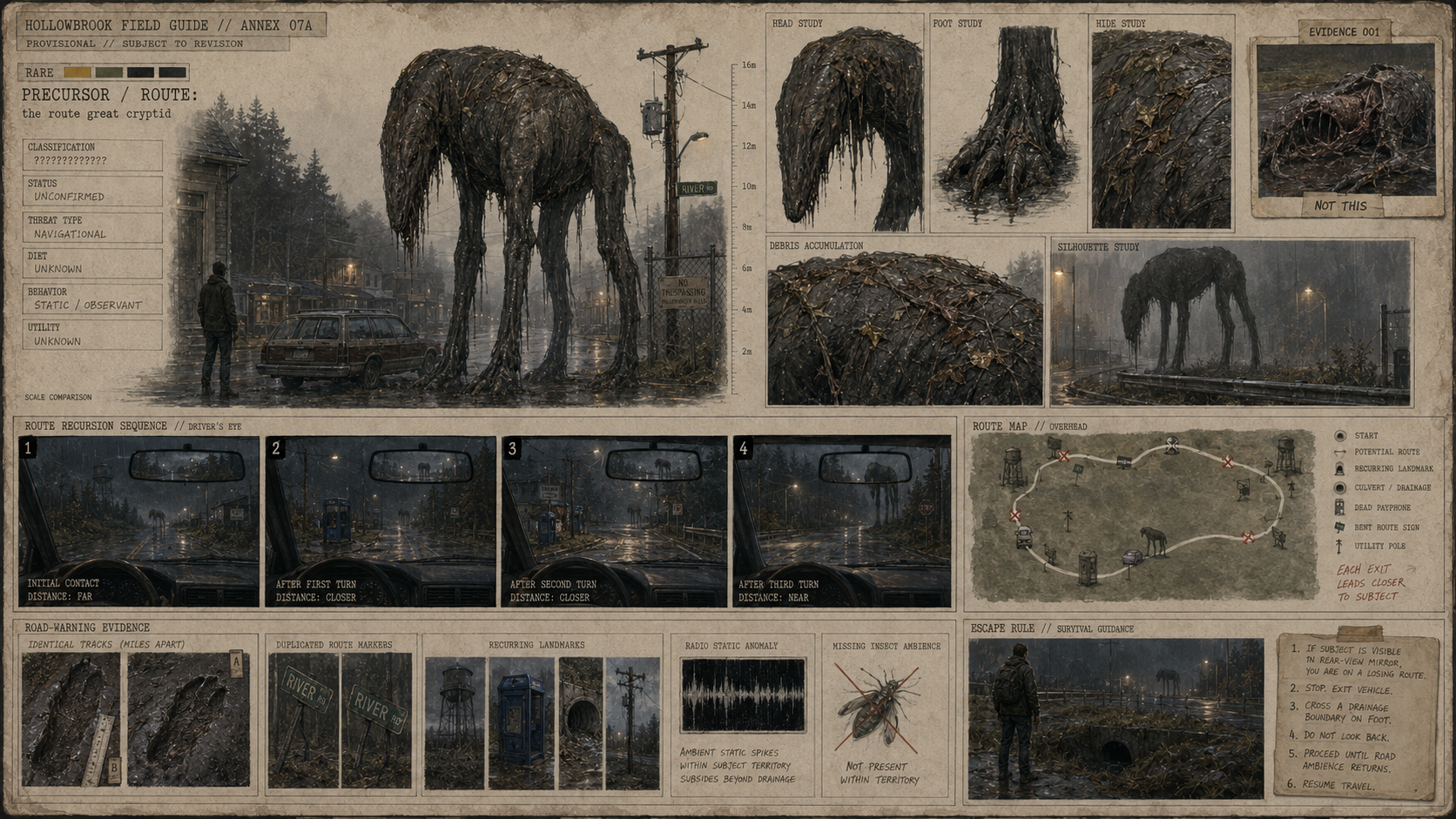 An immense long-limbed animal stands motionless beyond a rural intersection while the road bends subtly toward it.