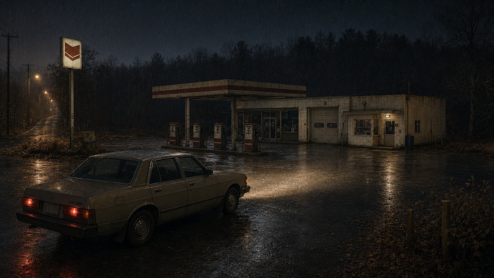 A modest sedan has stopped outside the dark rural station at 10:47 p.m. in steady rain.