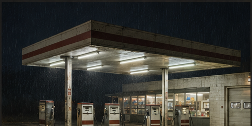 The fuel canopy and storefront remain brightly maintained against the wet night.