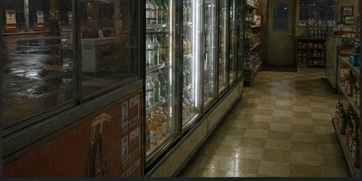 A narrow refrigerator aisle reflects cold fluorescent light across clean tile.