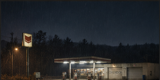 The storefront, garage, and roadside sign remain readable through steady rain.