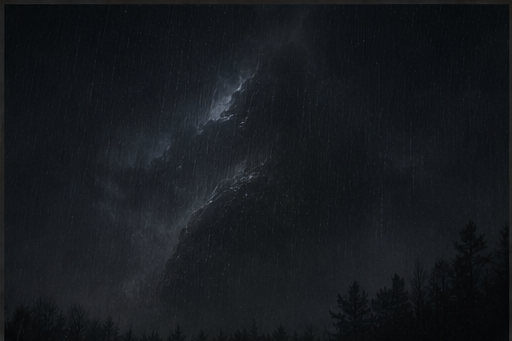 A pale seam of rain and cloud hangs over the trees without revealing what gives it shape.