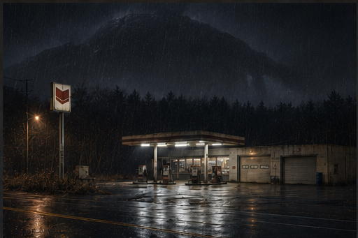 A small rural station glows beneath rain while a vast storm-dark volume interrupts the horizon without resolving into anatomy.