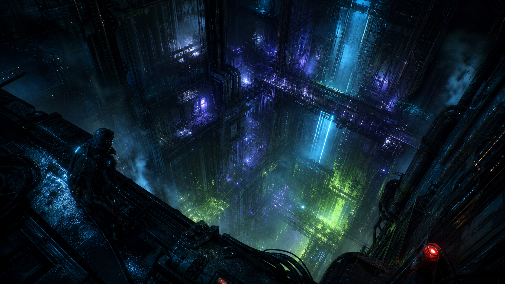An operative overlooks the immense neon-lit vertical infrastructure of the Blacklevels.