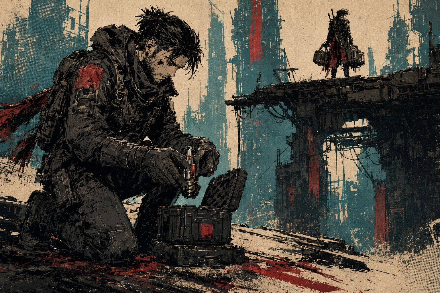A wounded operative locks one protected item into an armored Black Box while a promoted enemy carries the remaining salvage above him.