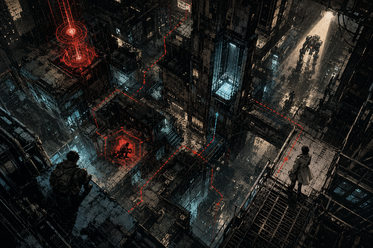 Two operatives choose between competing objectives across a hard-ink vertical district while the Hunter closes in.