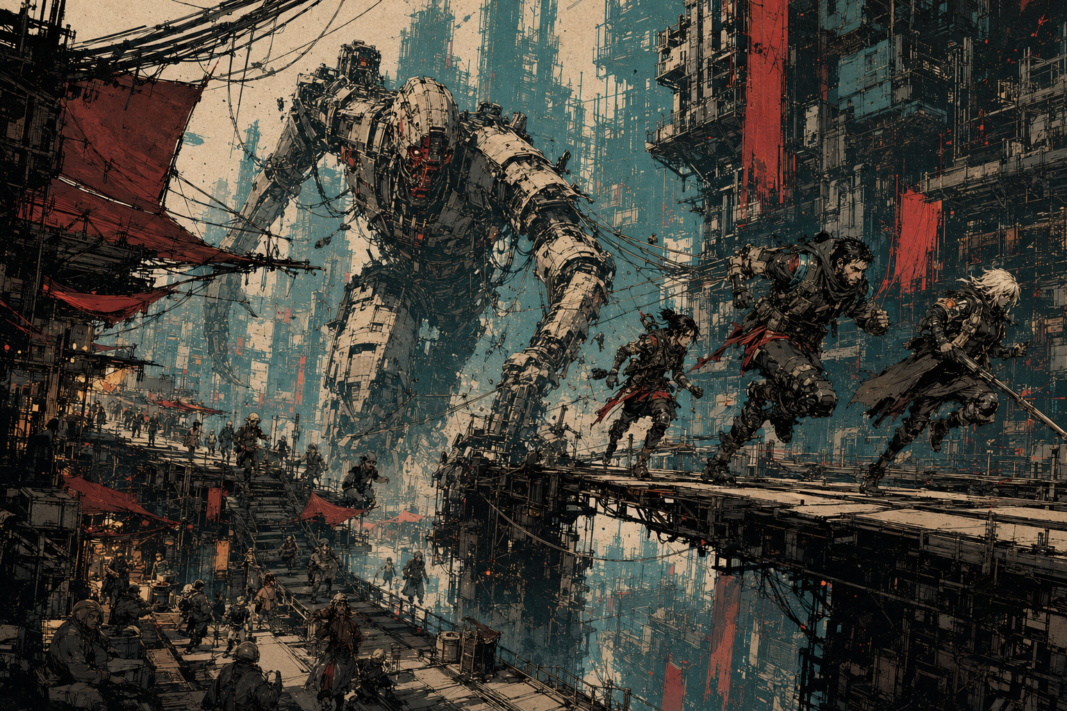 Three operatives sprint across crowded industrial catwalks as the towering District Hunter tears into the live route behind them.