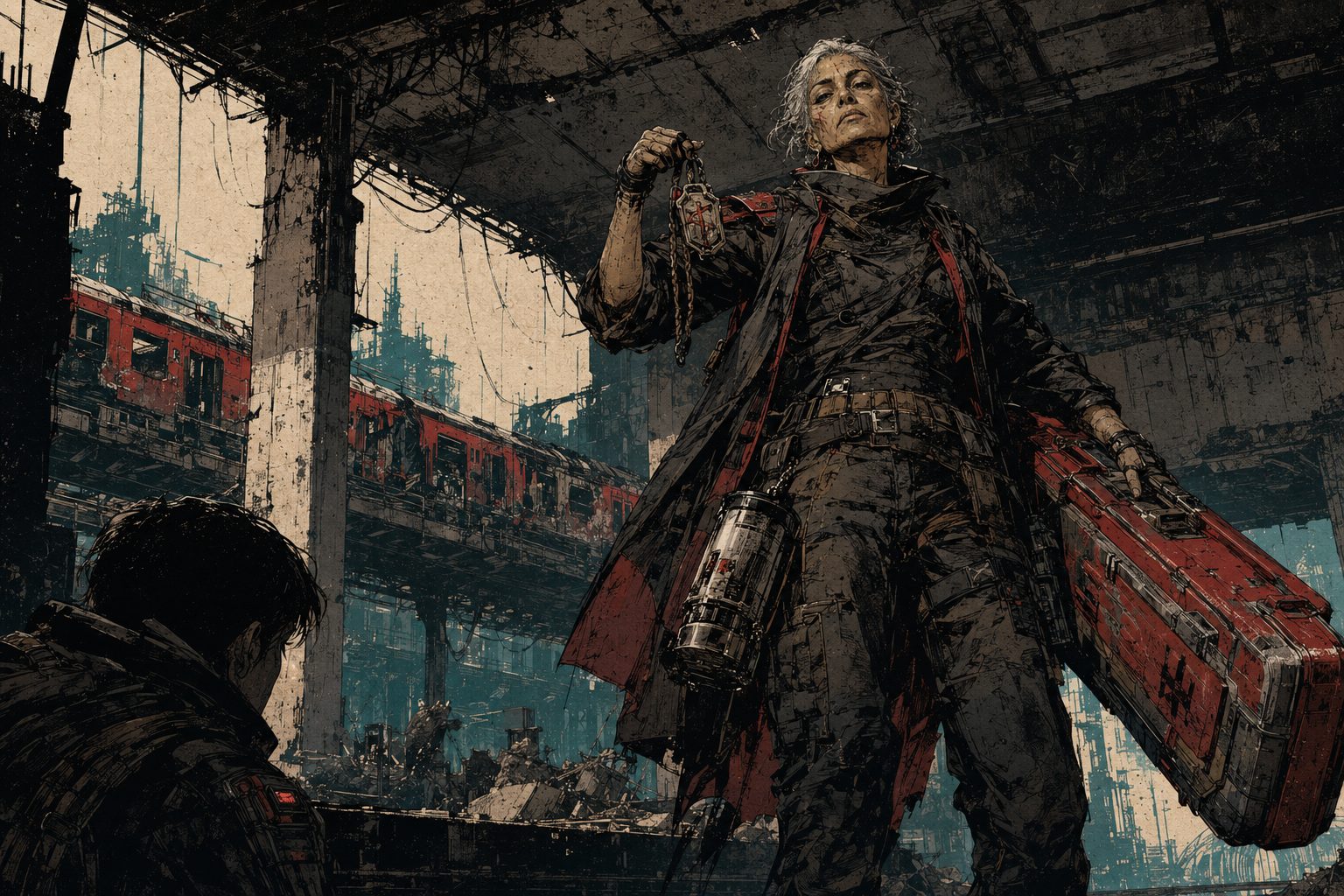 A promoted enemy displays a recovered red rifle case and implant canister in a ruined transit depot while an operative watches from concealment.
