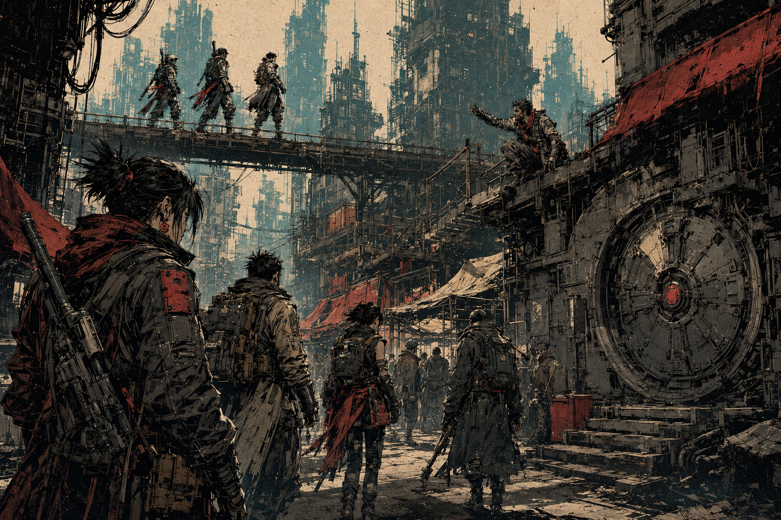 A mixed operative crew enters a crowded district where a sealed vault, a wounded courier, and an overhead patrol compete for their attention.