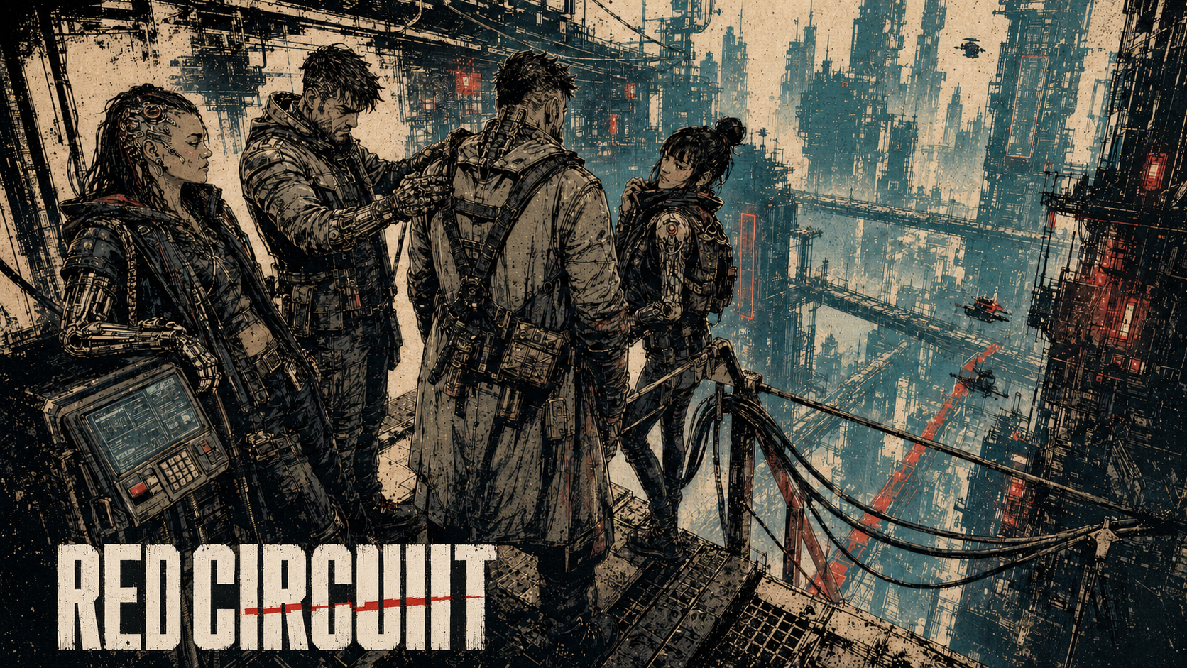 Four operatives prepare above an immense vertical cyberpunk district beneath the RED CIRCUIT wordmark.