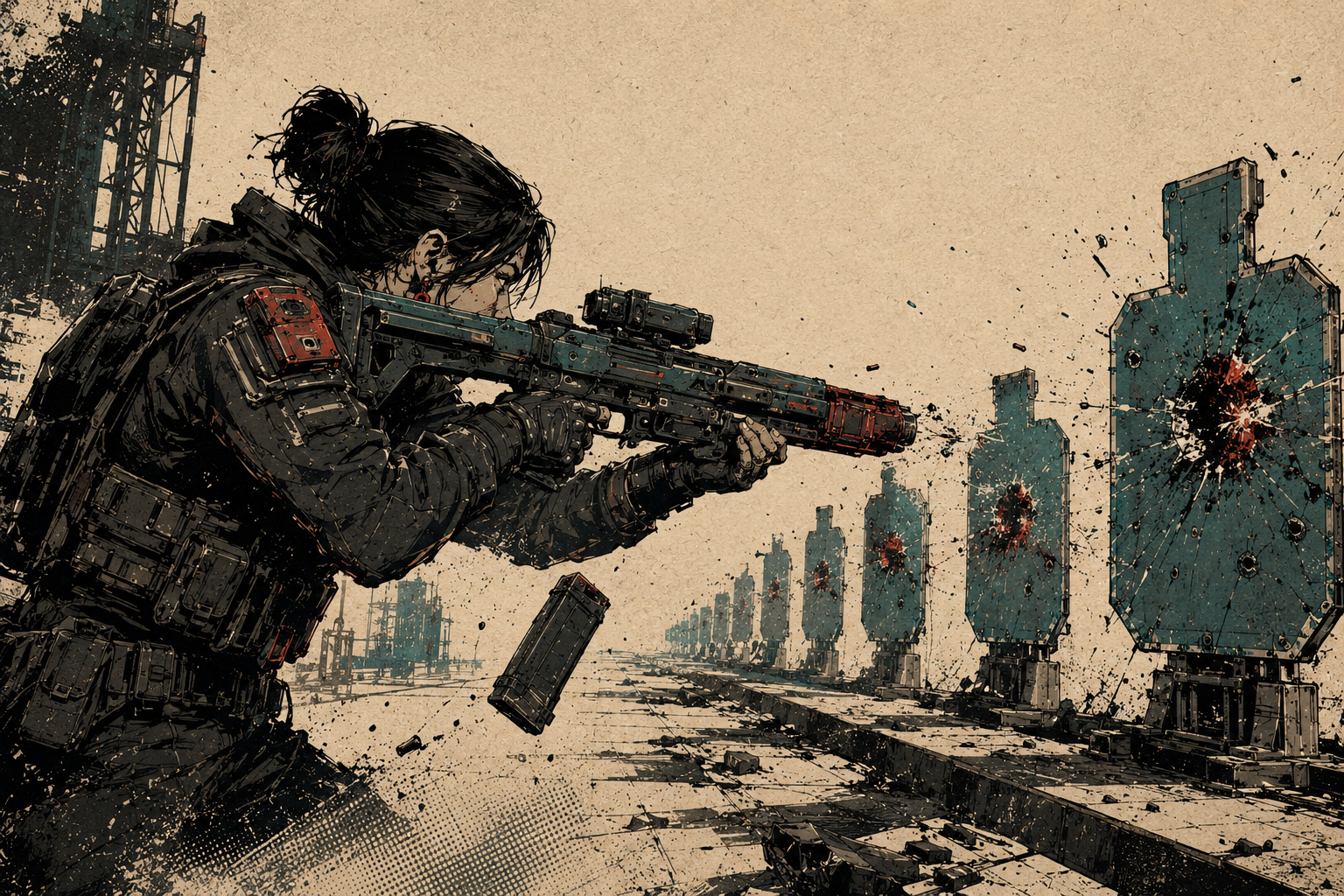 A weapons specialist braces an authored industrial rifle through a precise lane of damaged targets as an empty magazine falls away.