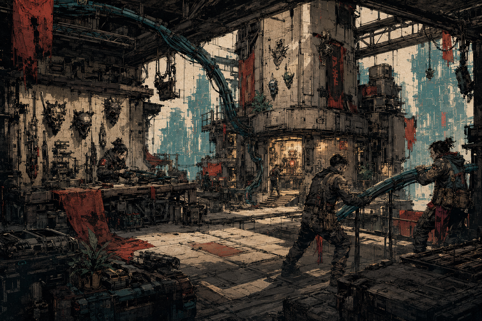 Adult residents carry a heavy teal conduit through an inhabited workshop, physically linking the refuge core to its calibration bench.