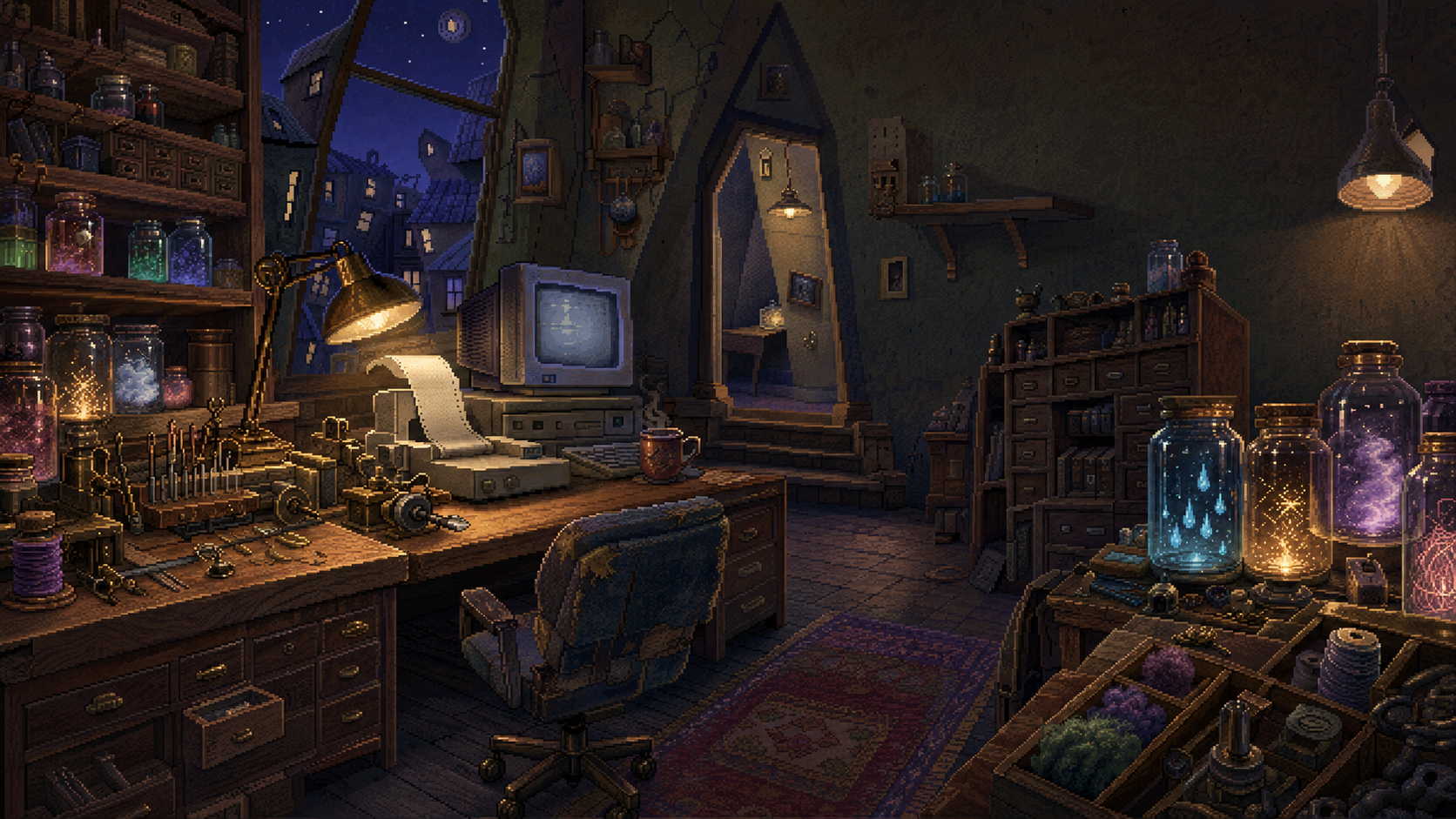 A warm pixel-art thoughtsmithing workshop filled with machinery, luminous memory jars, and a moonlit view of Sombra.